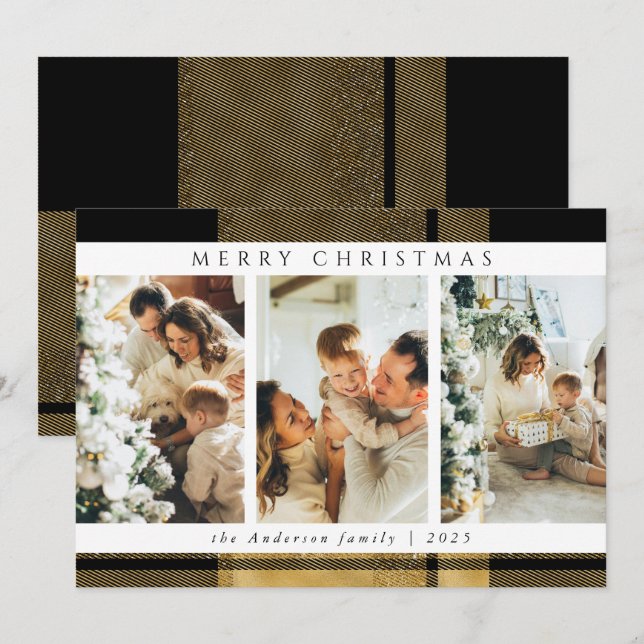 Modern Stylish Christmas Gold Plaid Photo Collage Holiday Card (Front/Back)