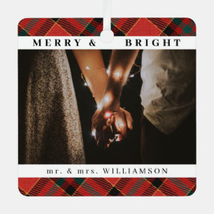 Modern Stylish Christmas Mr and mrs Couple Photo Metal Tree Decoration