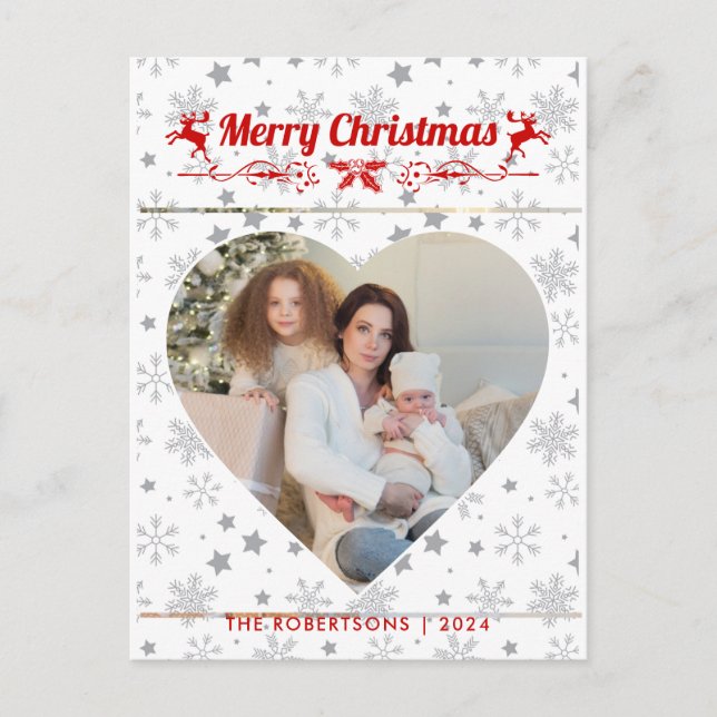 Modern Stylish Christmas Script Family Heart Photo Holiday Postcard (Front)