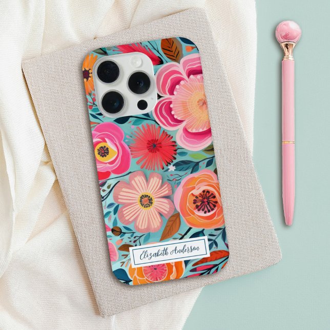 Modern Stylish Colorful Pink Floral Monogram iPhone Case (A stylish colorful floral personalized cell phone case)