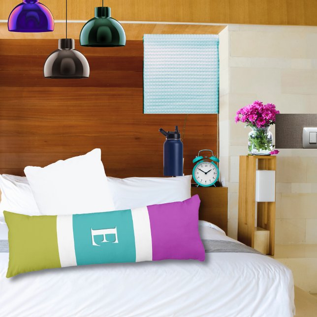 Modern Stylish Colour Block Stripe Monogram Body Cushion (A body pillow in block colors of pink, turquoise and green, to personalize with a monogram initial)
