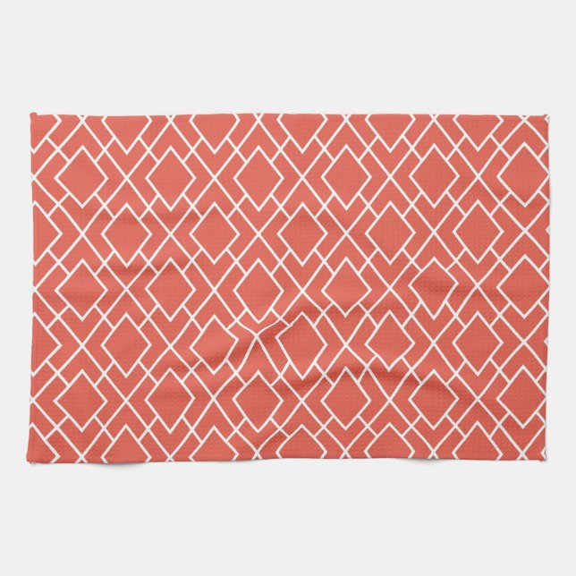 Modern Stylish Coral Pink Diamond Pattern Tea Towel (Horizontal)
