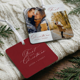 Modern Stylish Couple First Christmas Script Photo Metal Tree Decoration