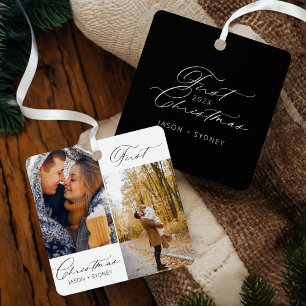 Modern Stylish Couple First Christmas Script Photo Metal Tree Decoration