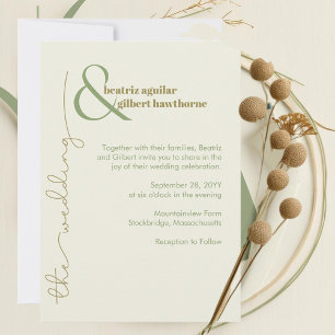 Modern Stylish Cream and Green Minimalist Wedding Invitation