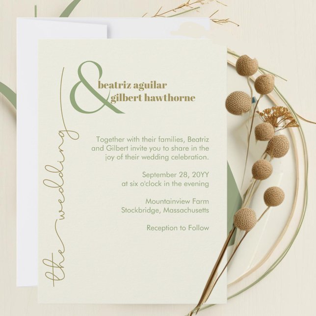 Modern Stylish Cream and Green Minimalist Wedding Invitation (Modern minimalist typography elegant wedding invitation in shades of cream, moss green, and olive)