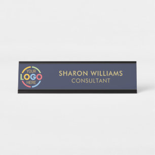 Modern Stylish Custom Business Logo Navy Blue Desk Name Plate