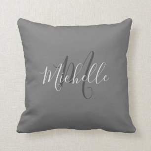 Modern stylish dark gray monogram name script cushion