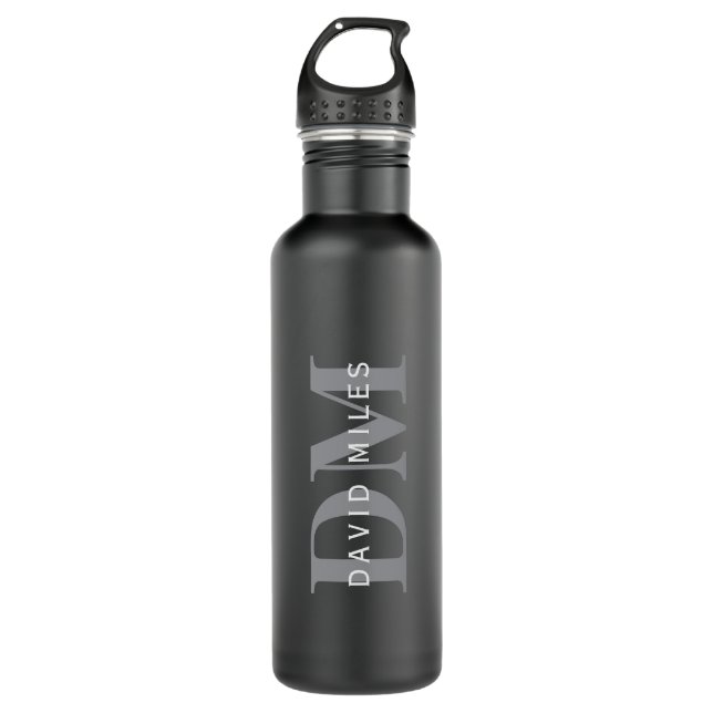 Modern Stylish Dark Grey Monogram & Name 710 Ml Water Bottle (Front)