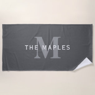 Modern Stylish Dark Grey Monogram & Name Beach Towel