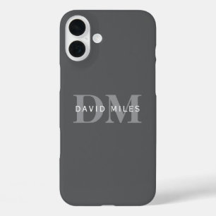 Modern Stylish Dark Grey Monogram & Name iPhone 16 Plus Case