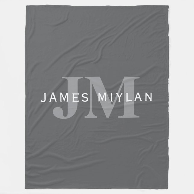 Modern Stylish Dark Grey Monogram & Name Fleece Blanket (Front)