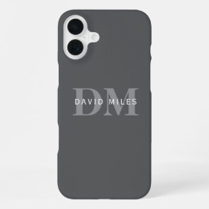 Modern Stylish Dark Grey Monogram & Name iPhone 16 Plus Case