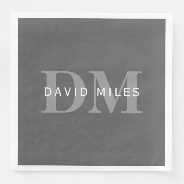 Modern Stylish Dark Grey Monogram & Name Napkin (Front)