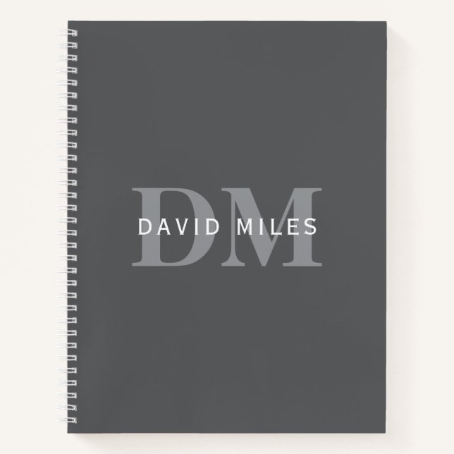Modern Stylish Dark Grey Monogram & Name Notebook (Front)