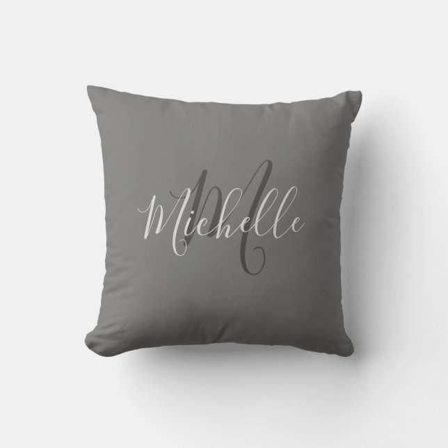 Modern stylish dark grey monogram name script cushion (Front)