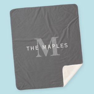 Modern Stylish Dark Grey Monogram & Name Sherpa Blanket