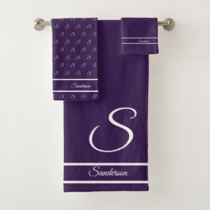 Modern Stylish Dark Purple White Monogram Bath Towel Set