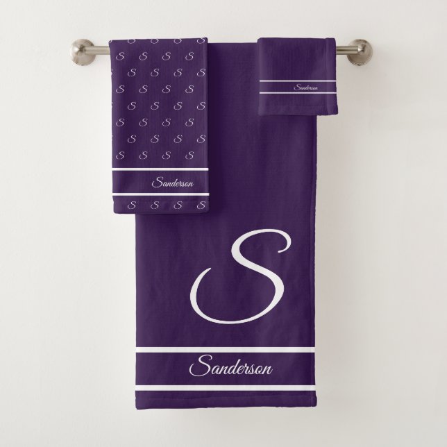  Modern Stylish Dark Purple White Monogram Bath Towel Set (Insitu)