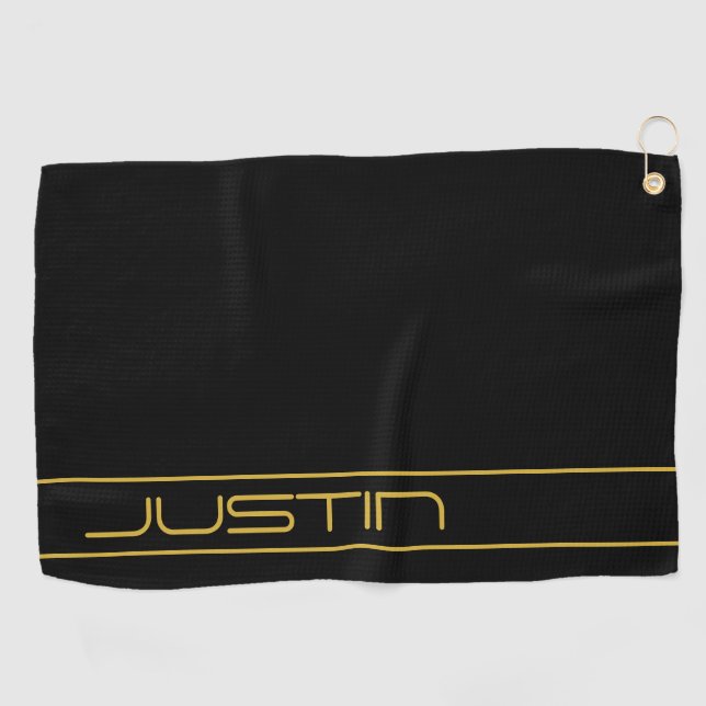 Modern Stylish Editable Gold Text & Line Stripes Golf Towel (Horizontal)