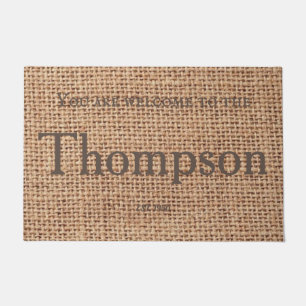 Modern stylish elegant design family name burlap doormat