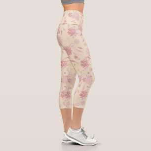 Modern Stylish Elegant Flowers Blush Pink Cream  Capri Leggings