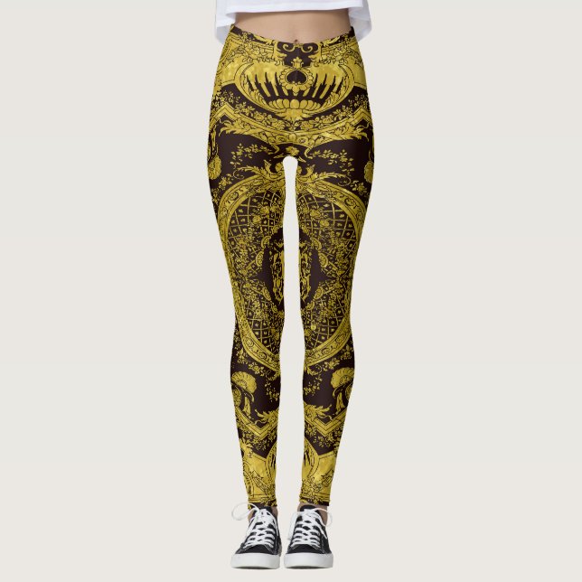 Modern Stylish Elegant Gold Baroque Ornaments Leggings (Front)