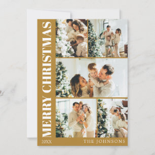 Modern Stylish Family Photo Collage Gold Christmas Holiday Card