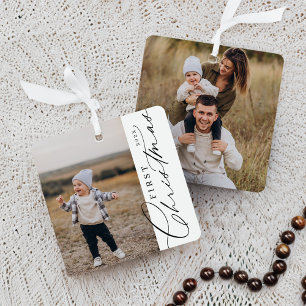 Modern Stylish First Christmas Script Family Photo Metal Tree Decoration