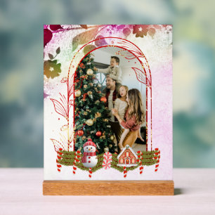 Modern Stylish Floral Christmas  Family Photo Acrylic Sign