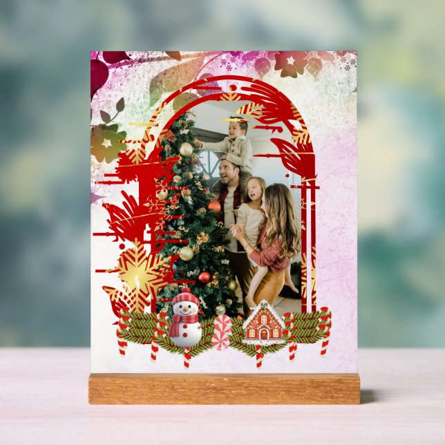 Modern Stylish Floral Christmas  Family Photo Acrylic Sign (Neutral)