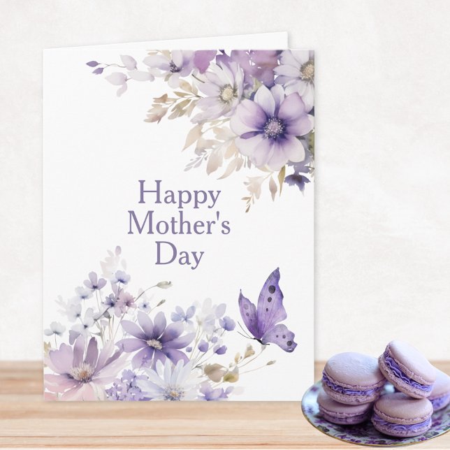 Modern Stylish Floral Happy Mother's Day Card (Modern Stylish Purple Watercolor Floral Happy Mother's Day Card with Personalized Message Inside)