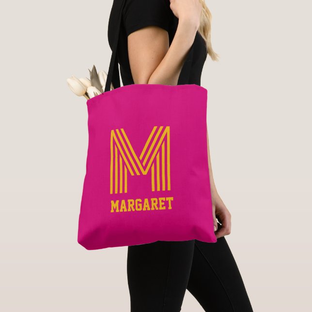 Modern stylish fuchsia &yellow monogram name Tote Bag (Close Up)