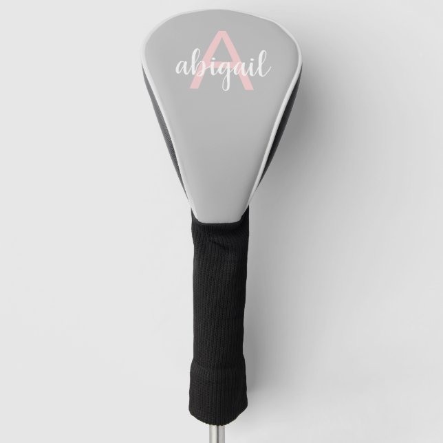 Modern Stylish Girly Grey Pink Monogram Name Golf Head Cover (Front)