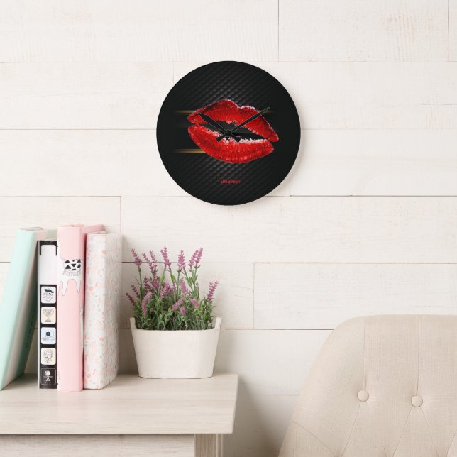 Modern Stylish Glitter Red Lips,Black Large Clock (Reading Room)