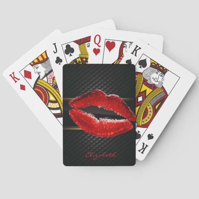 Modern Stylish Glitter Red Lips,Black-Personalised Playing Cards (Back)