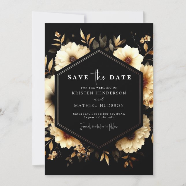 Modern Stylish Gold and Black Wedding Save The Date (Front)
