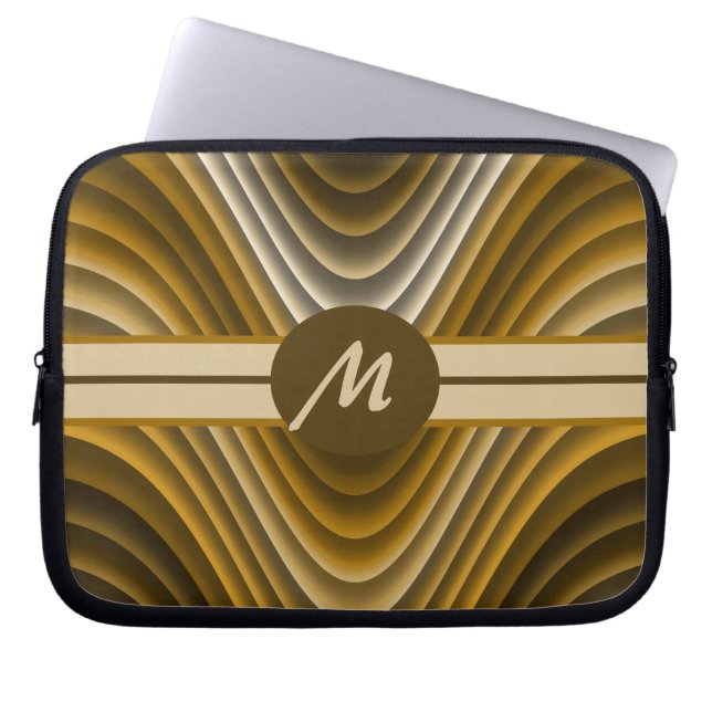 Modern Stylish Golden Brown Waves Monogram Laptop Sleeve (Front)