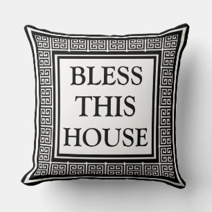 Modern Stylish Greek key Pattern Bless This House Cushion