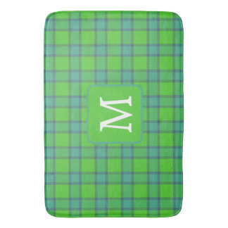 Modern stylish green &blue Plaid monogram Bath Mat