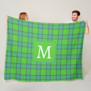 Modern stylish green &blue Plaid monogram Fleece Blanket