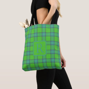 Modern stylish green &blue Plaid tartan monogram Tote Bag
