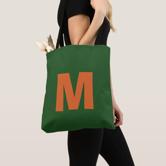 Modern stylish green& orange monogram initial  tote bag (Close Up)