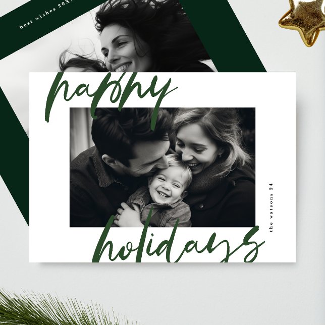 modern stylish greens & white photo happy holiday card (Creator Uploaded)
