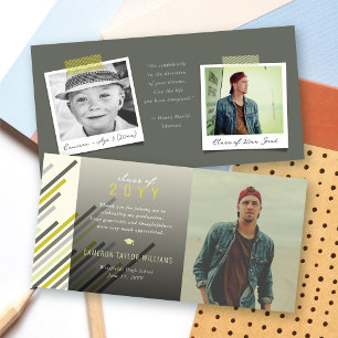Modern Stylish Grey Green Stripes Photo Graduation Thank You Card
