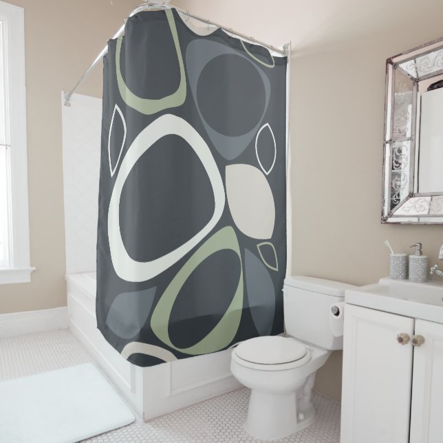 Modern Stylish Grey Sage Green Abstract Pattern Shower Curtain (In Situ)
