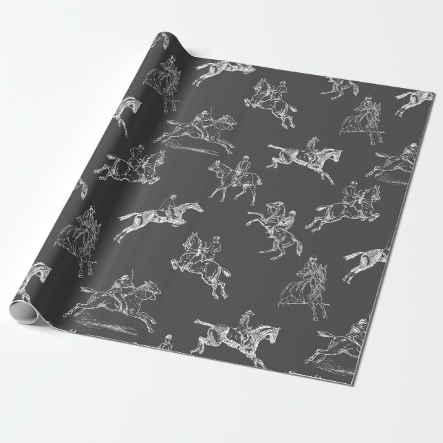 Modern Stylish Grey White Horseback Riding Toile Wrapping Paper (Unrolled)