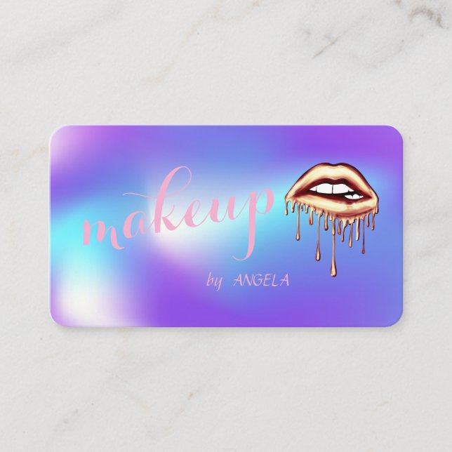 Modern Stylish Holographic, Metallic Dripping Lips Business Card (Front)