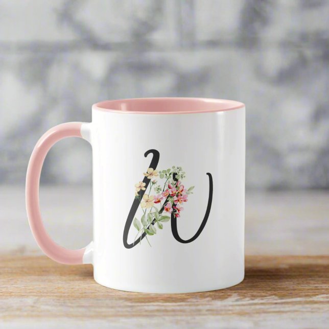 Modern Stylish Letter W Black Script Floral  Mug (Creator Uploaded)