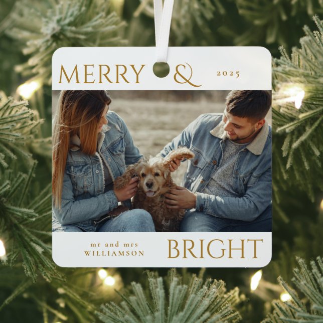 Modern Stylish Merry Christmas Family Photo Gold Metal Tree Decoration (Insitu)